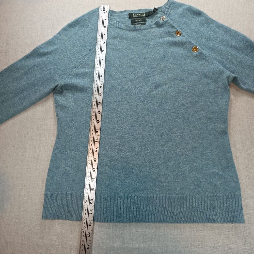 Lauren Ralph Lauren 100% Cashmere Sweater Blue Button Shoulder Women's Large - Picture 5 of 9